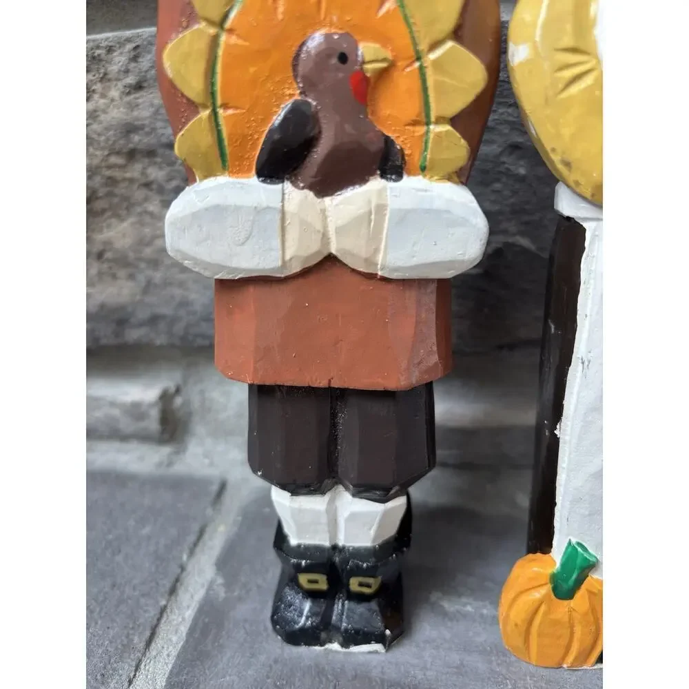 Vintage Hand Painted Wood Carved Harvest Pilgrims Man Woman Cottagecore Prairie